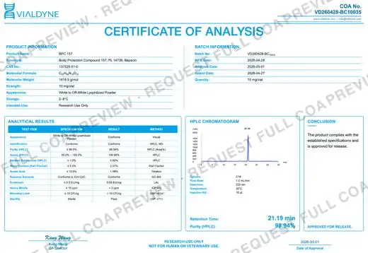 Vialdyne BPC-157 batch VD260428-BC10035 Certificate of Analysis preview