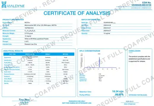 Vialdyne MOTS-c (Human) batch VD260428-MS10139 Certificate of Analysis preview