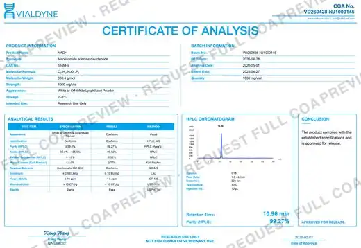 Vialdyne NAD+ (Nicotinamide Adenine Dinucleotide) batch VD260428-NJ1000145 Certificate of Analysis preview