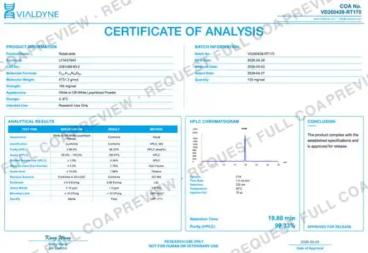 Vialdyne Retatrutide batch VD260428-RT170 Certificate of Analysis preview