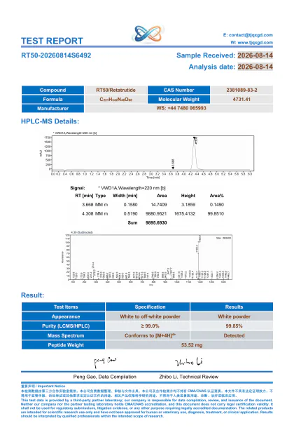 Retatrutide independent HPLC and MS report RT50-20260814S6492 first-page preview